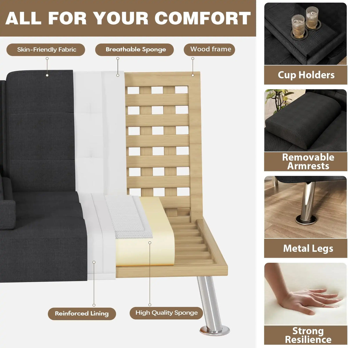 Black Linen Futon Sofa Bed, Futon Couch for Living Room