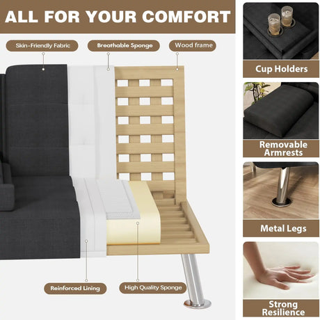 Black Linen Futon Sofa Bed, Futon Couch for Living Room