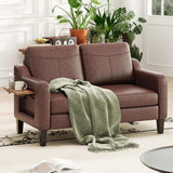 51" Leather Loveseat Sofa with Foldable Side Table, Chocolate Brown