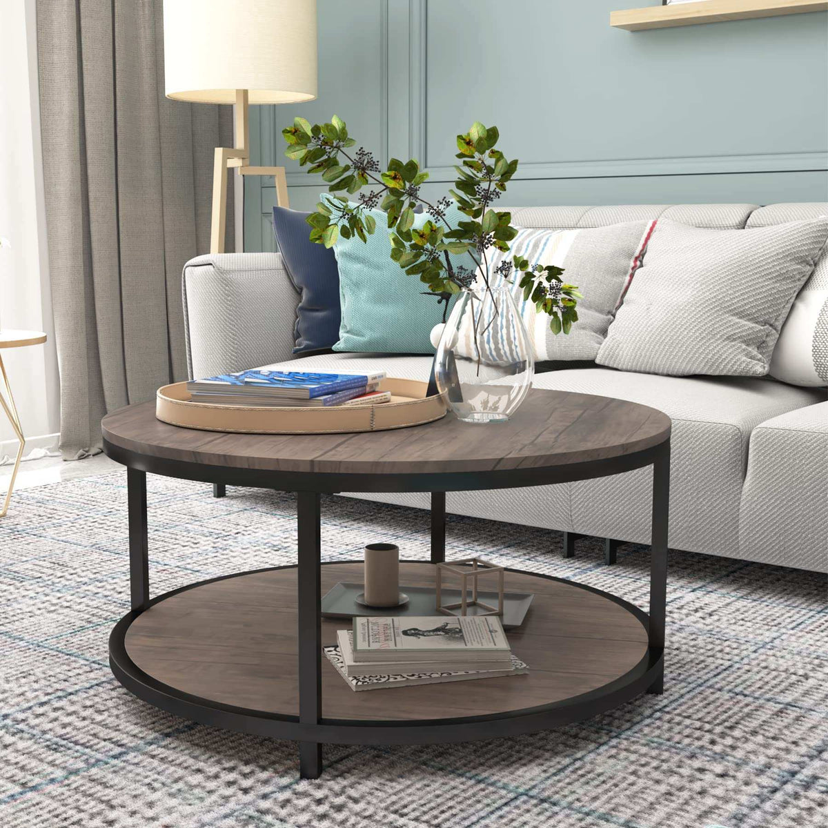 Round Coffee Table,36" Coffee Table for Living Room,2-Tier Rustic Wood Desktop with Storage Shelf Modern
