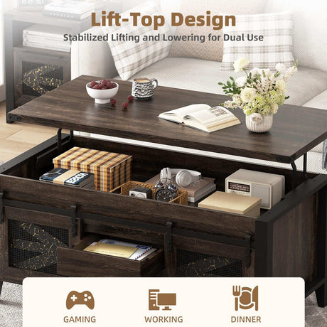 47.2" Lift Top Coffee Table with Hidden Compartment, Storage Drawers & Sliding Barn Doors