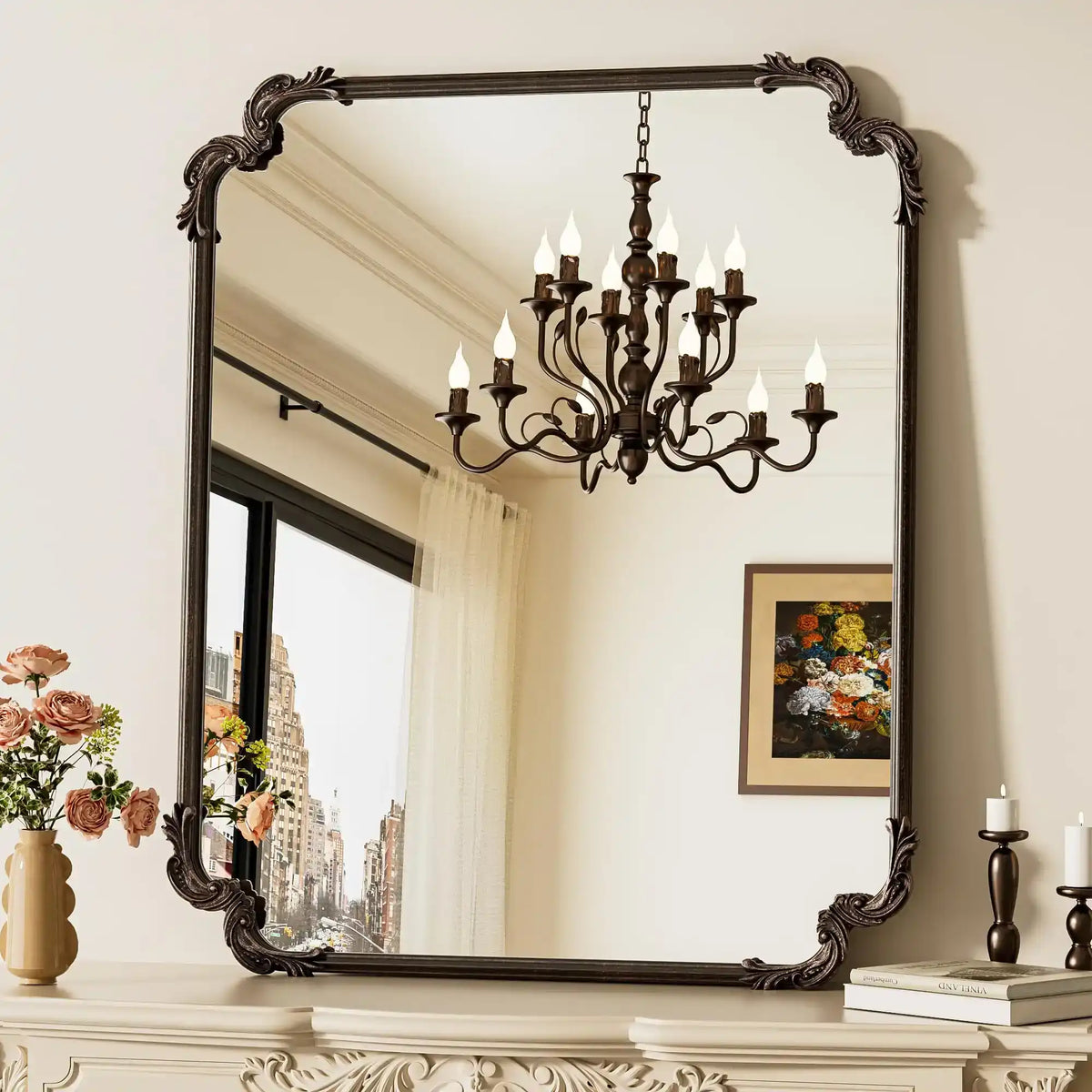 Antique Bronze Rectangle Mirror for Mantle Fireplace 30 x 36 Baroque Vintage Ornate Scroll Wall Mirror with