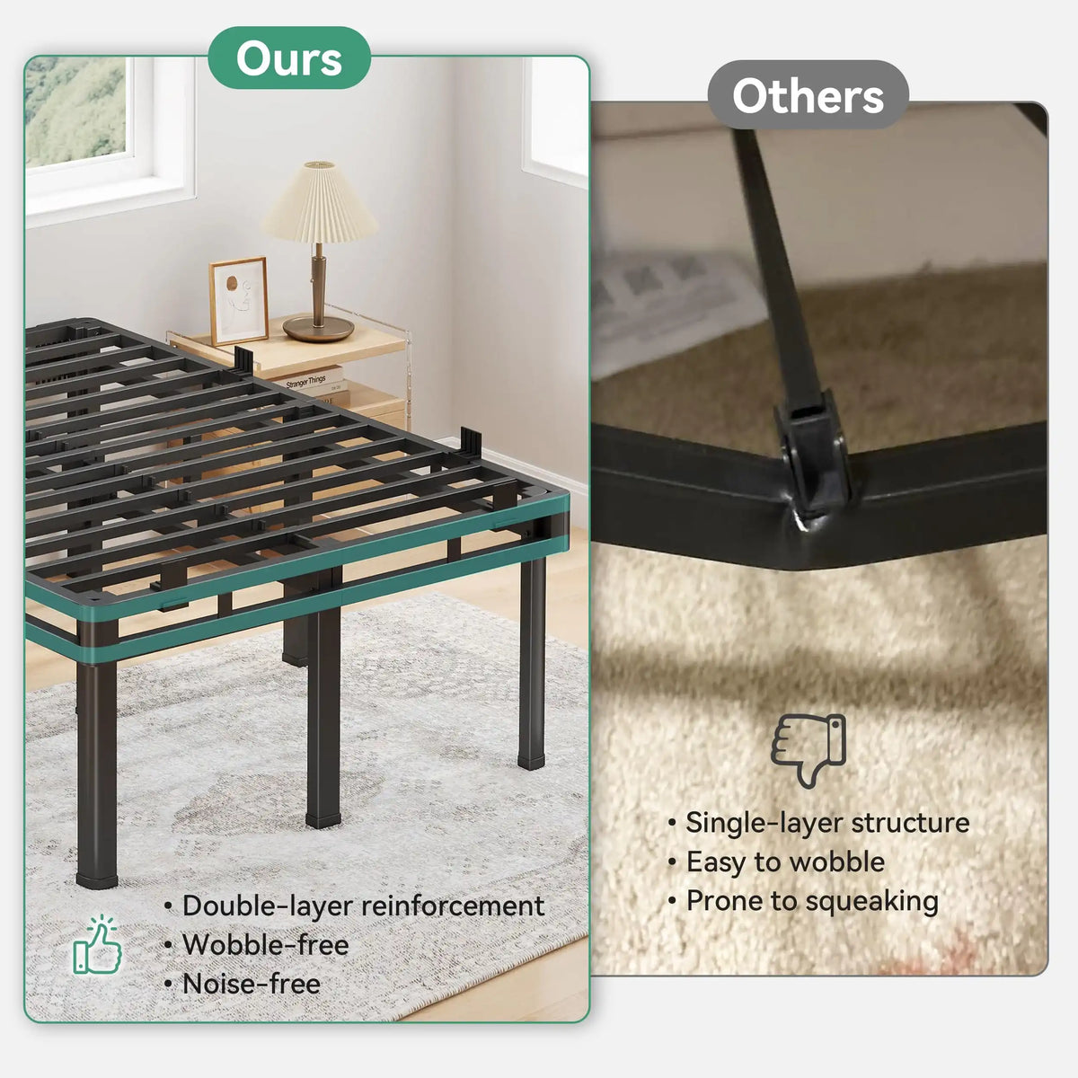 24 inch HIgh Queen Bed Frame with Rounded Legs, Double Layer Design
