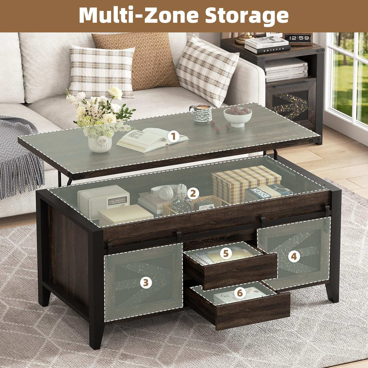 47.2" Lift Top Coffee Table with Hidden Compartment, Storage Drawers & Sliding Barn Doors
