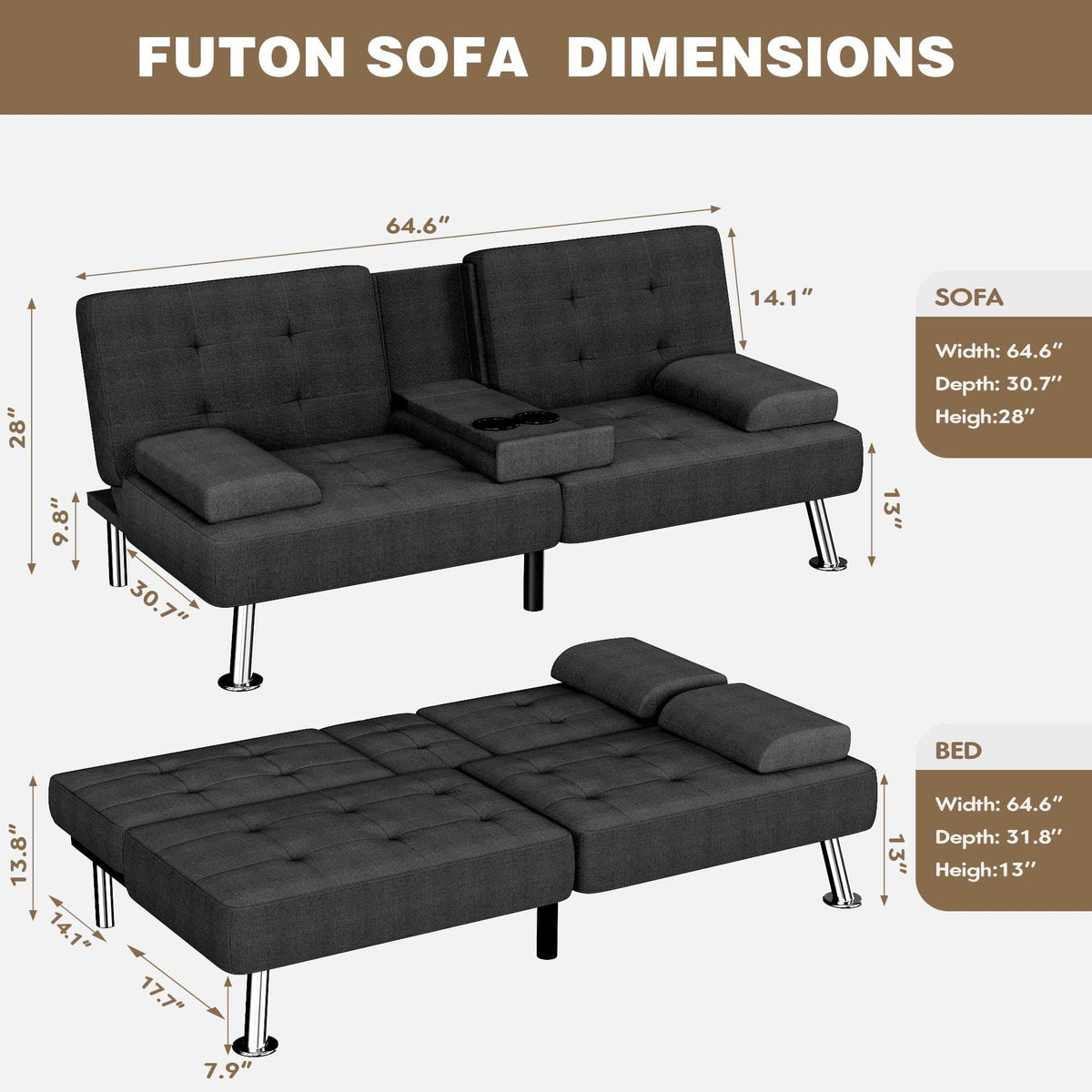 Black Linen Futon Sofa Bed, Futon Couch for Living Room