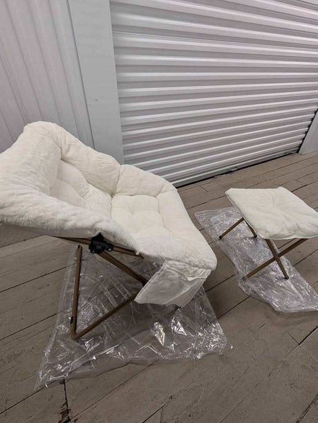 White Faux Fur Saucer Chair with Ottoman