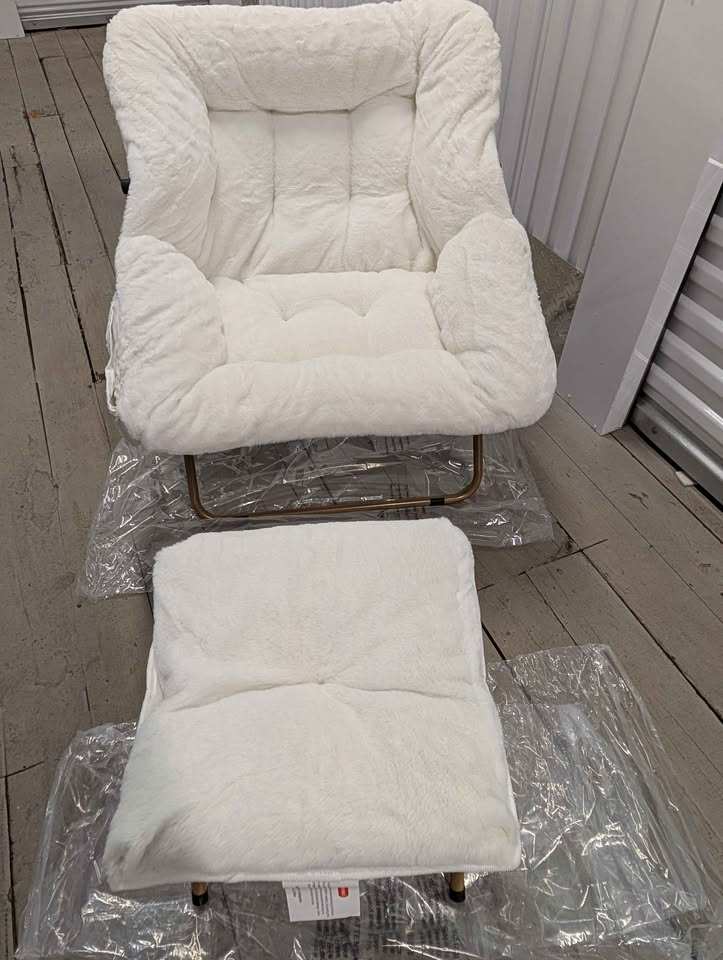 White Faux Fur Saucer Chair with Ottoman