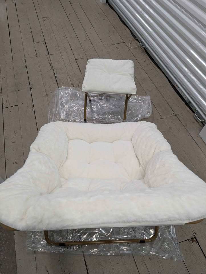 White Faux Fur Saucer Chair with Ottoman