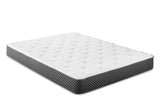 Plush white mattress with quilted top and black patterned sides, isolated on white background