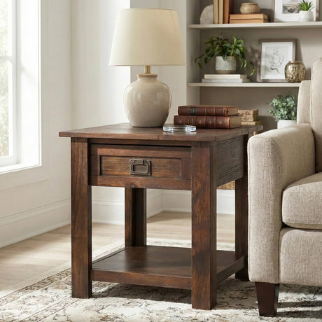 SIMPLIHOME Monroe 22" Solid Wood End Table — Charcoal Brown, New