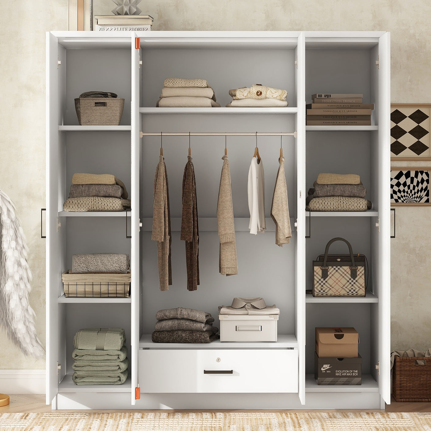 4-Door Mirror Wardrobe, Shelves, Hanging Rod, Locking Drawer - White