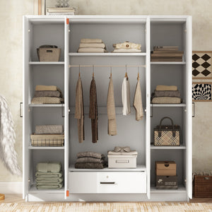 4-Door Mirror Wardrobe, Shelves, Hanging Rod, Locking Drawer - White