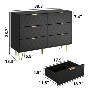 Dresser | 39" 6-Drawer with Diamonds Pattern & Gold Handles | Black