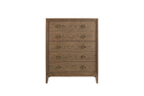 Mid-century modern wooden dresser with five drawers and brass ring handles