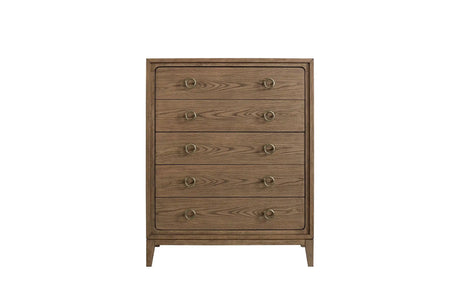 Mid-century modern wooden dresser with five drawers and brass ring handles
