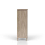 Side view of light wood dresser with tapered legs on white background