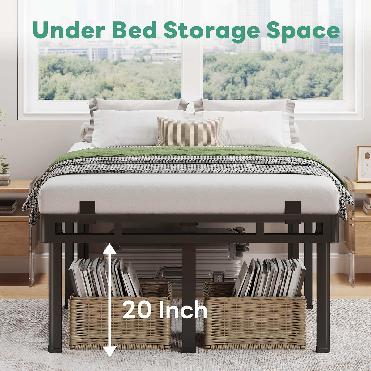24 inch HIgh Queen Bed Frame with Rounded Legs, Double Layer Design