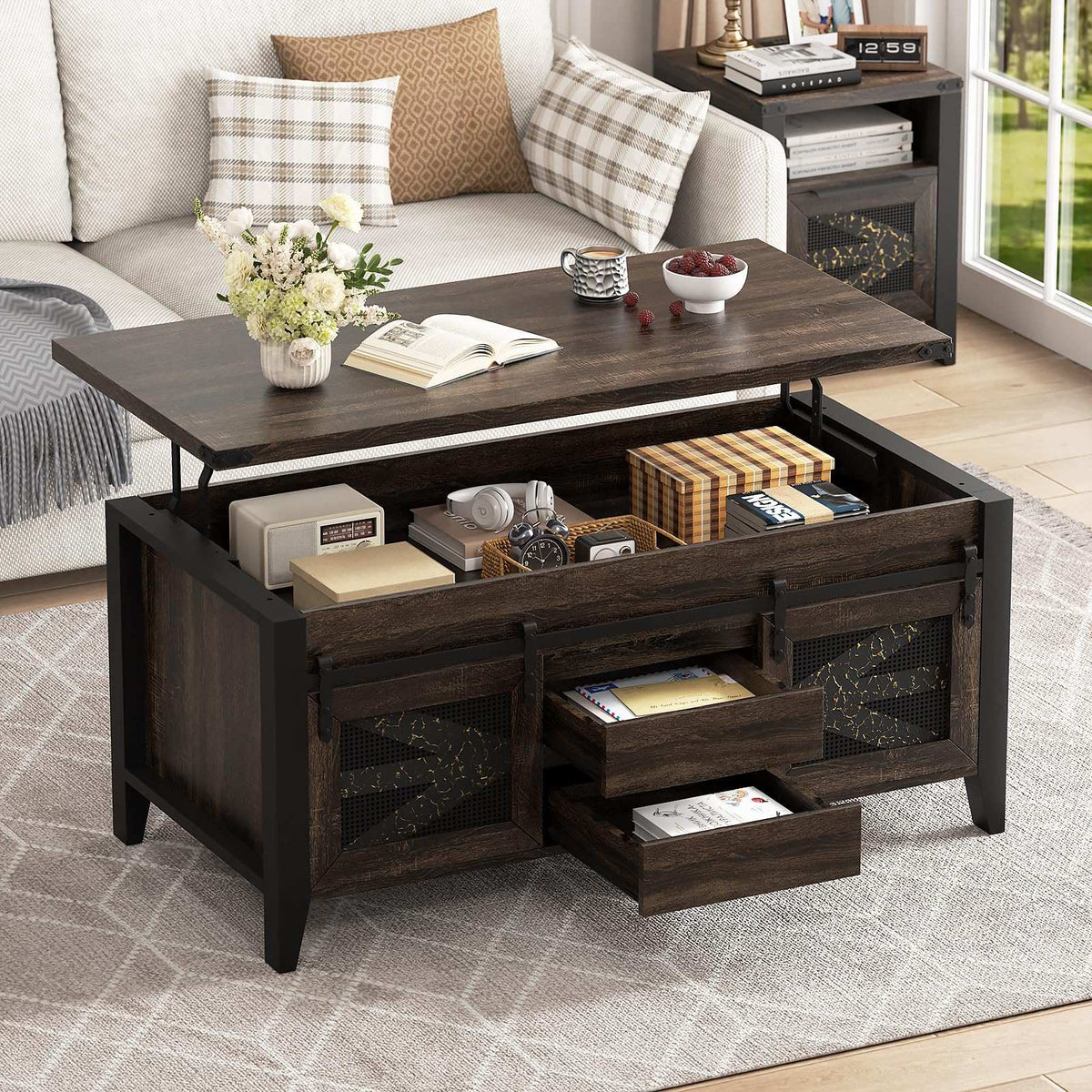 47.2" Lift Top Coffee Table with Hidden Compartment, Storage Drawers & Sliding Barn Doors