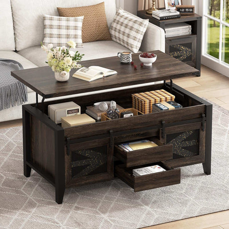 47.2" Lift Top Coffee Table with Hidden Compartment, Storage Drawers & Sliding Barn Doors