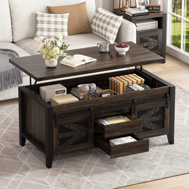 47.2" Lift Top Coffee Table with Hidden Compartment, Storage Drawers & Sliding Barn Doors