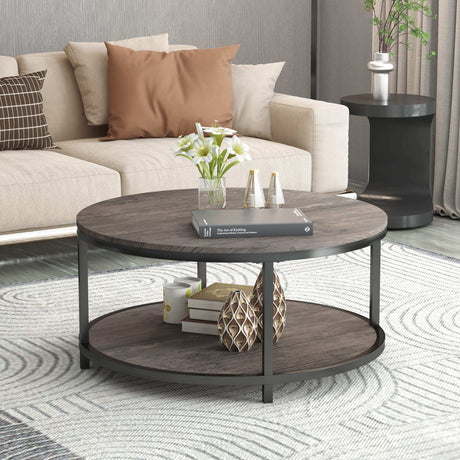 Round Coffee Table,36" Coffee Table for Living Room,2-Tier Rustic Wood Desktop with Storage Shelf Modern