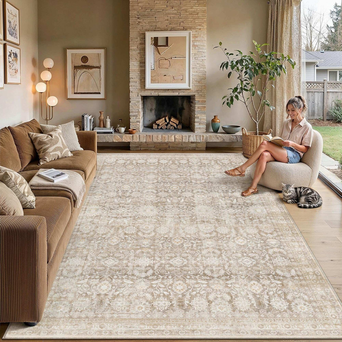 2-pack of WondRg 10x12 Beige Washable Area Rug Non Slip Neutral Distressed Carpet