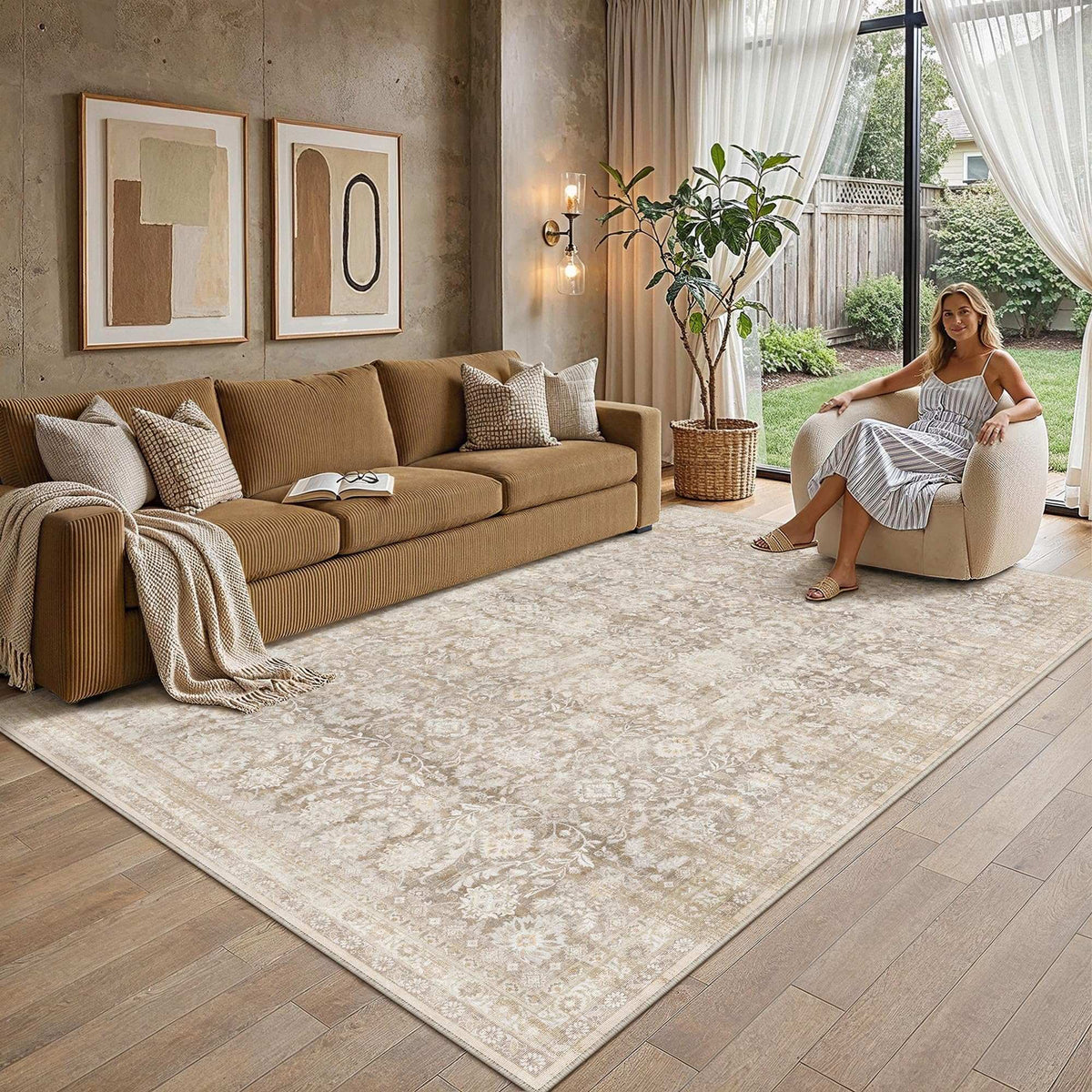 2-pack of WondRg 10x12 Beige Washable Area Rug Non Slip Neutral Distressed Carpet