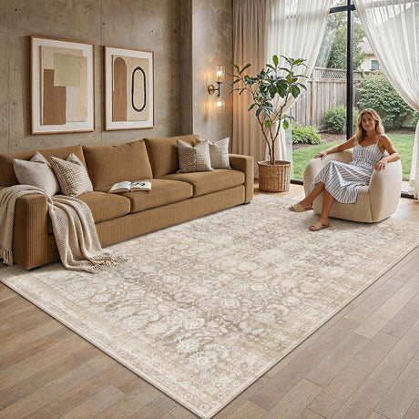 2-pack of WondRg 10x12 Beige Washable Area Rug Non Slip Neutral Distressed Carpet