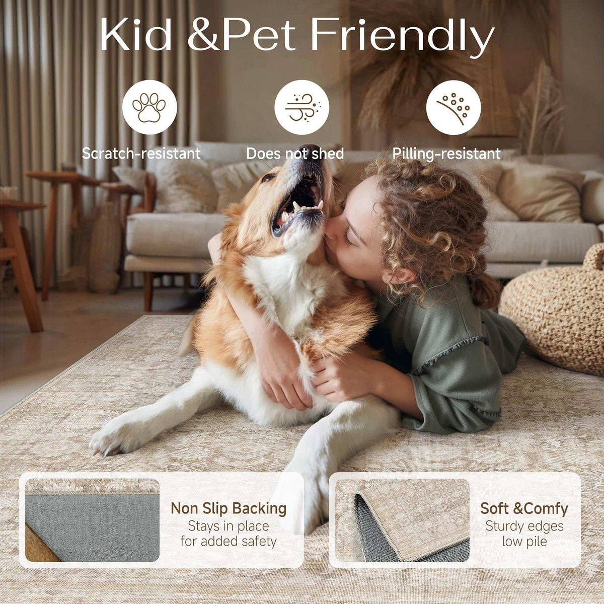 2-pack of WondRg 10x12 Beige Washable Area Rug Non Slip Neutral Distressed Carpet