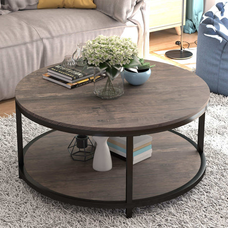 Round Coffee Table,36" Coffee Table for Living Room,2-Tier Rustic Wood Desktop with Storage Shelf Modern