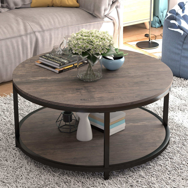 Round Coffee Table,36" Coffee Table for Living Room,2-Tier Rustic Wood Desktop with Storage Shelf Modern