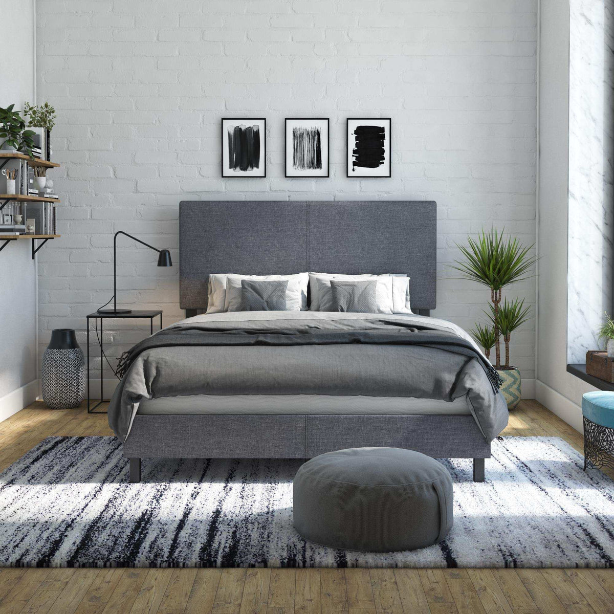 DHP Janford Upholstered Bed, Chic Grey Linen Platform Queen Bed with Modern Headboard