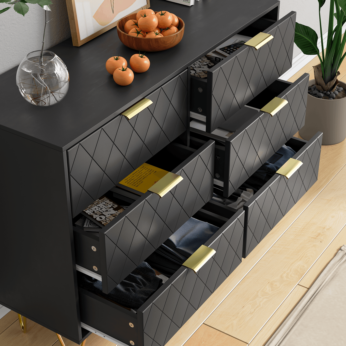 Dresser | 39" 6-Drawer with Diamonds Pattern & Gold Handles | Black