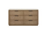 Wooden dresser with six drawers and a light marble top, modern bedroom furniture