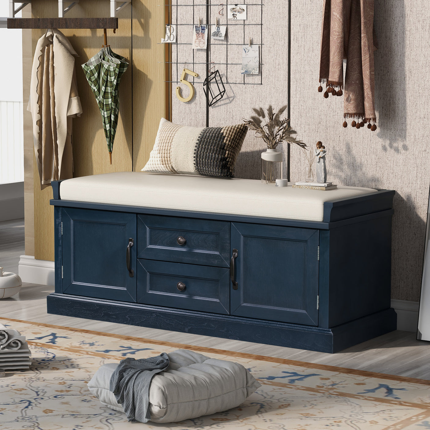 Storage Bench, 2 Drawers, 2 Cabinets, Shoe Bench, Entryway - Antique Navy