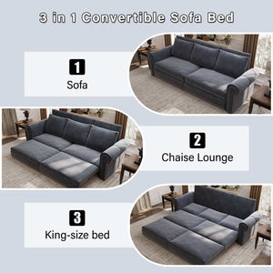 King Sleeper Sofa Bed 94", 3-in-1 Convertible in Velvet with Nailhead Trim