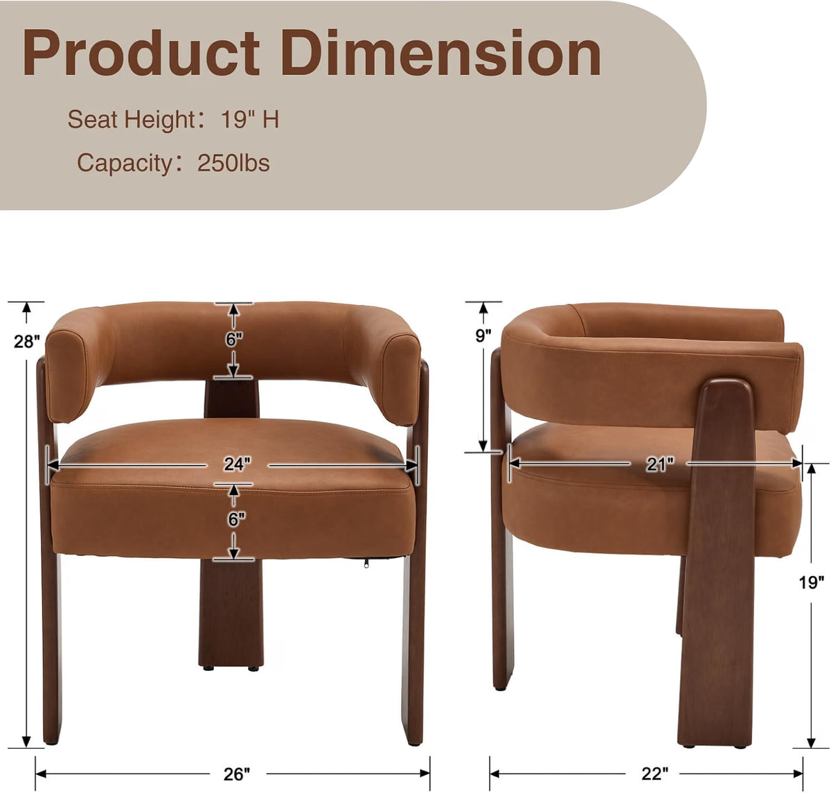 Modern Barrel Dining Chairs, PU Leather, Walnut Wood Legs (Set of 2)