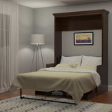 Modern bedroom with open dark wood Murphy bed, floor lamp, city art, and chevron rug