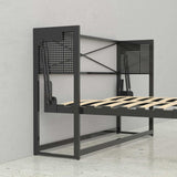 Modern metal loft bed frame with wood slats and perforated headboard against a wall