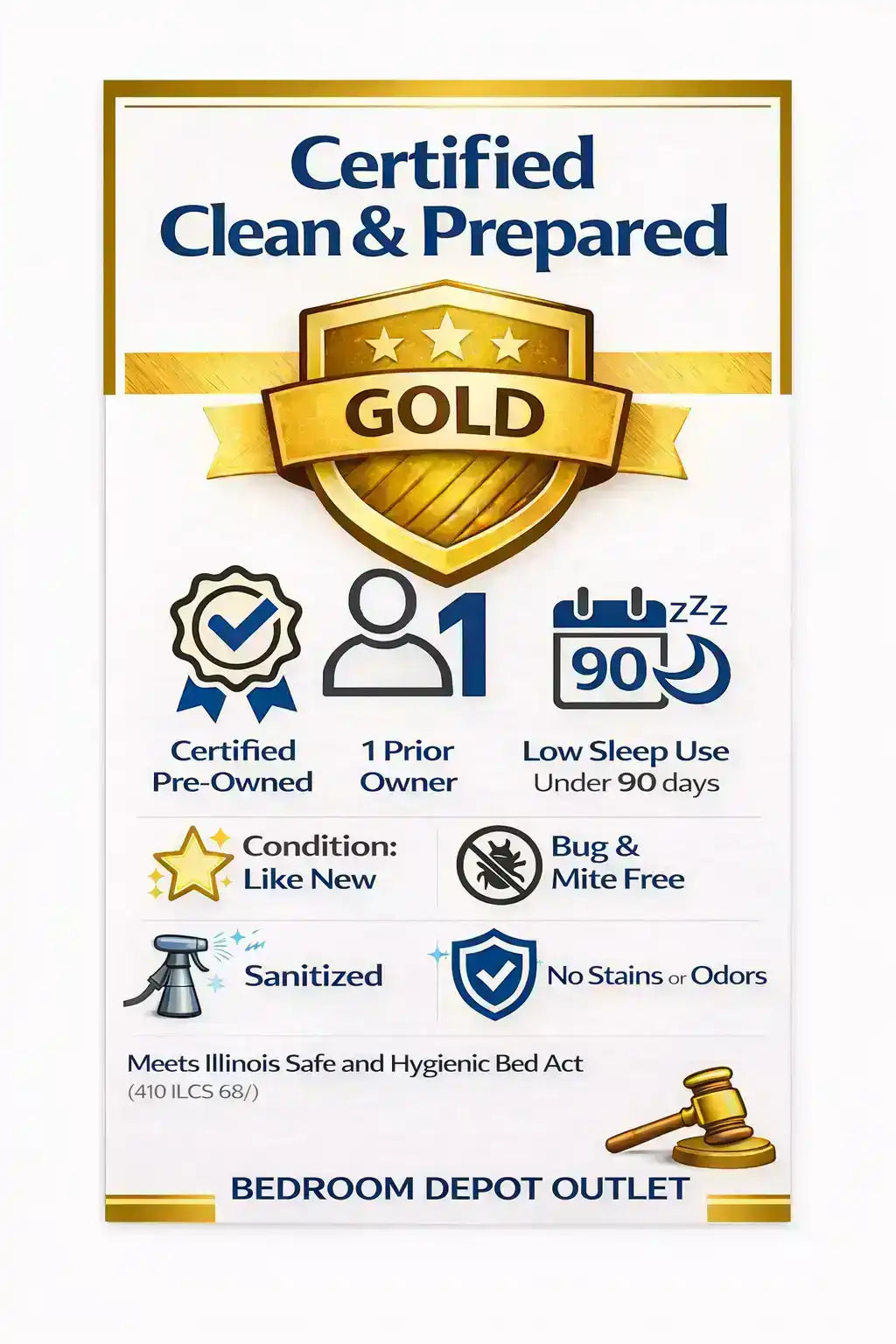 Certified Clean & Prepared Gold badge with icons and text on a white background
