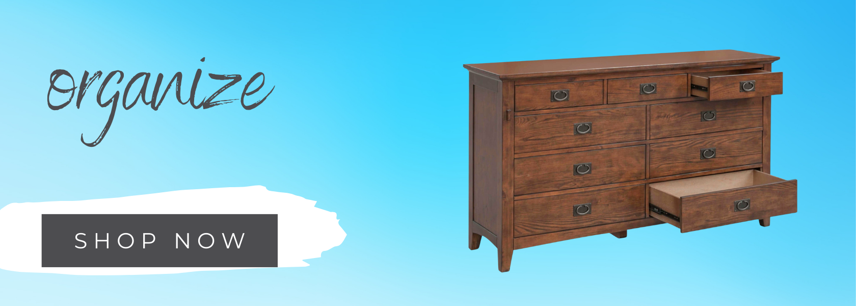 Chestnut color wide dresser with 9 drawers