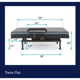 EZ Lift Twin Flat adjustable bed with mattress shown, labeled dimensions in inches