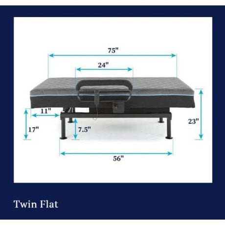EZ Lift Twin Flat adjustable bed with mattress shown, labeled dimensions in inches