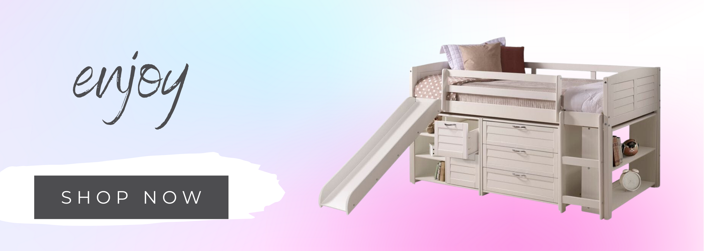 Light color low loft bed with a slide, shelves and drawers for a tidy and complete bedroom