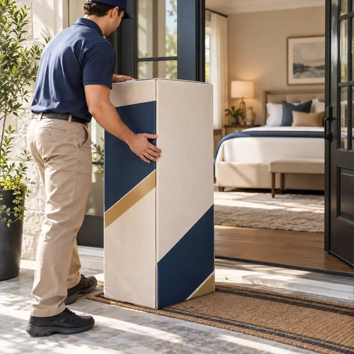 Professionally packaged mattress delivered directly to a customer’s home