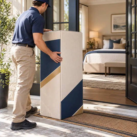 Professionally packaged mattress delivered directly to a customer’s home