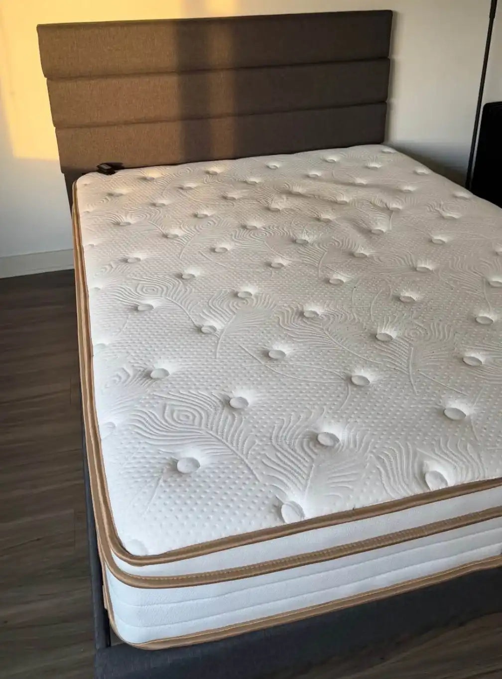 Queen Size Hybrid Mattress + Gray Upholstered Bed Frame