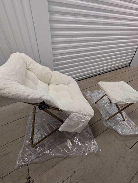 Comfy Faux Rabbit Fur Saucer Chair and Ottoman, Foldable Living Room Chairs