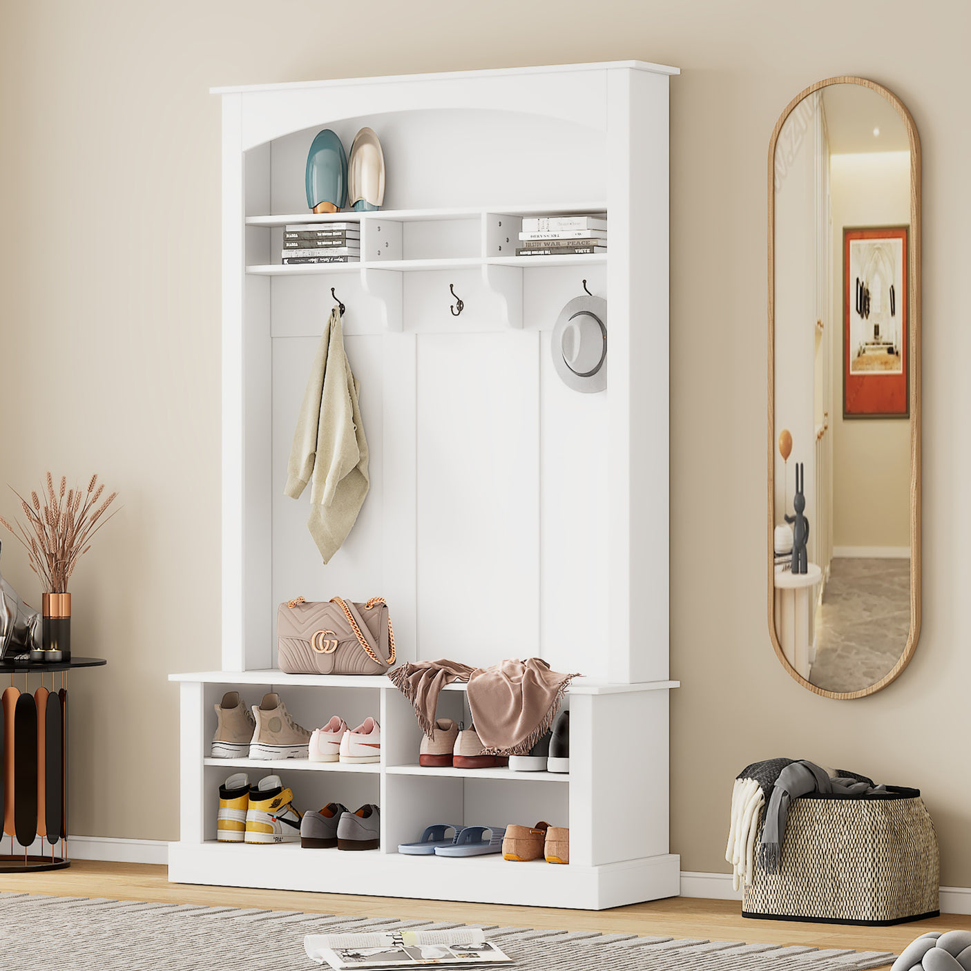 Hall Tree with Bench and Shoe Storage, 3 Hooks, Coat Rack - White