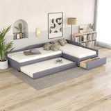 Double Twin Daybed with Trundle & Drawer, Upholstered Gray